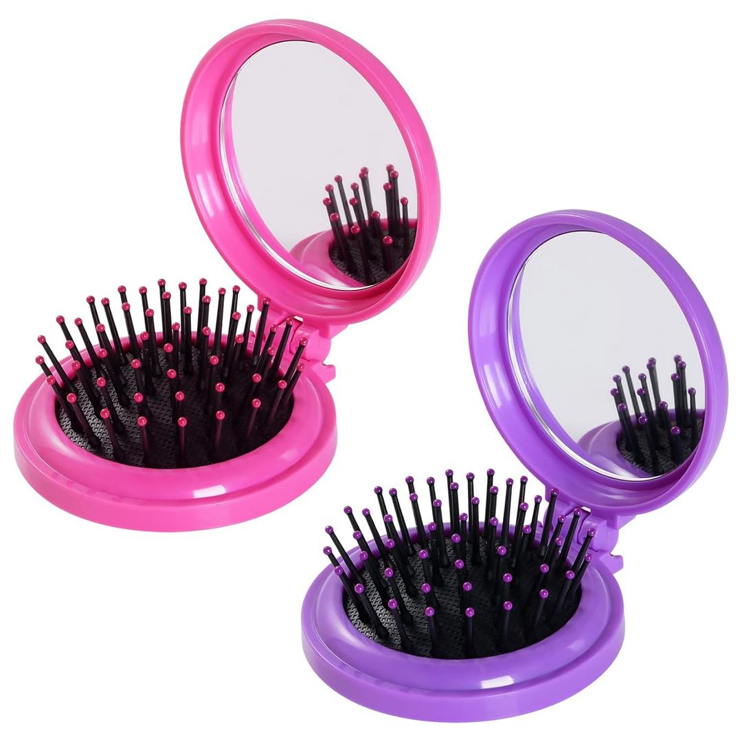 2pcs Folding Travel Mirror Hair Brushes Round Mirror Pocket Hair Brush Portable Mini Pop Up Hair Brushes for Women Girls Wet and Dry Hair (Rose Red, Purple)