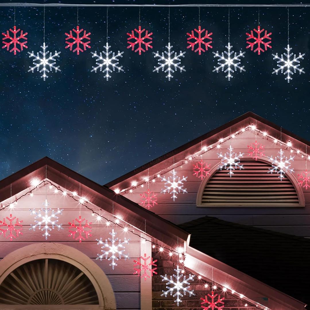 Christmas Snowflake Icicle Lights-9ft 150LED Twinkling Christmas Lights with Timer, Waterproof Connectable Hanging 10 Drop for Eave Window Porch Xmas Indoor Outdoor Decoration (Red and White)