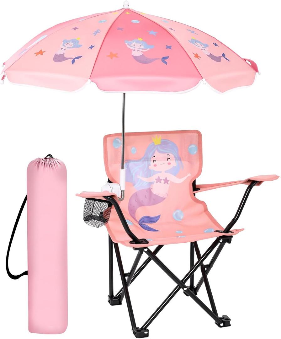Outdoor Toddler Camping Chair with Umbrella Foldable Beach Chairs with Safety Lock for Kids Waterproof Lawn Kids Folding Chair for Outside Beach Travel(Mermaid)