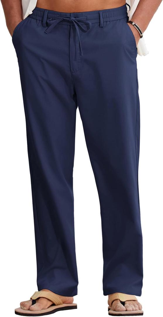 COOFANDY Mens Cotton Linen Pants Casual Drawstring Summer Beach Pants Lightweight Linen Dress Trousers (Blue, M)