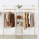 Industrial Pipe Gold Clothing Rack with Shelves, Retail Display Wall Mounted Storage Clothes Hanging Shelf Gold Pipeline Hanging Rod Steampunk Style, 4 Tier Wood Garment Rack 72.8x71inch