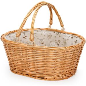 Wicker Picnic Basket with Double Folding Handles, Natural Large Willow Hamper Empty Basket Cheap Easter Eggs Candy Storage Basket for Toy, Flower, WeddingWhite 16inch