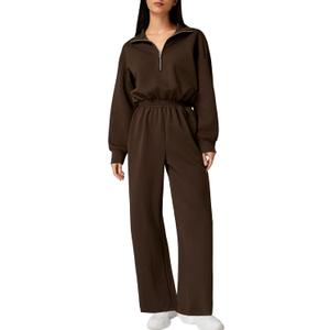 QINSEN Women's AirCotton Long-Sleeve Half-Zip High Waisted Wide Leg Jumpsuit with Peckets (Medium, Brown)