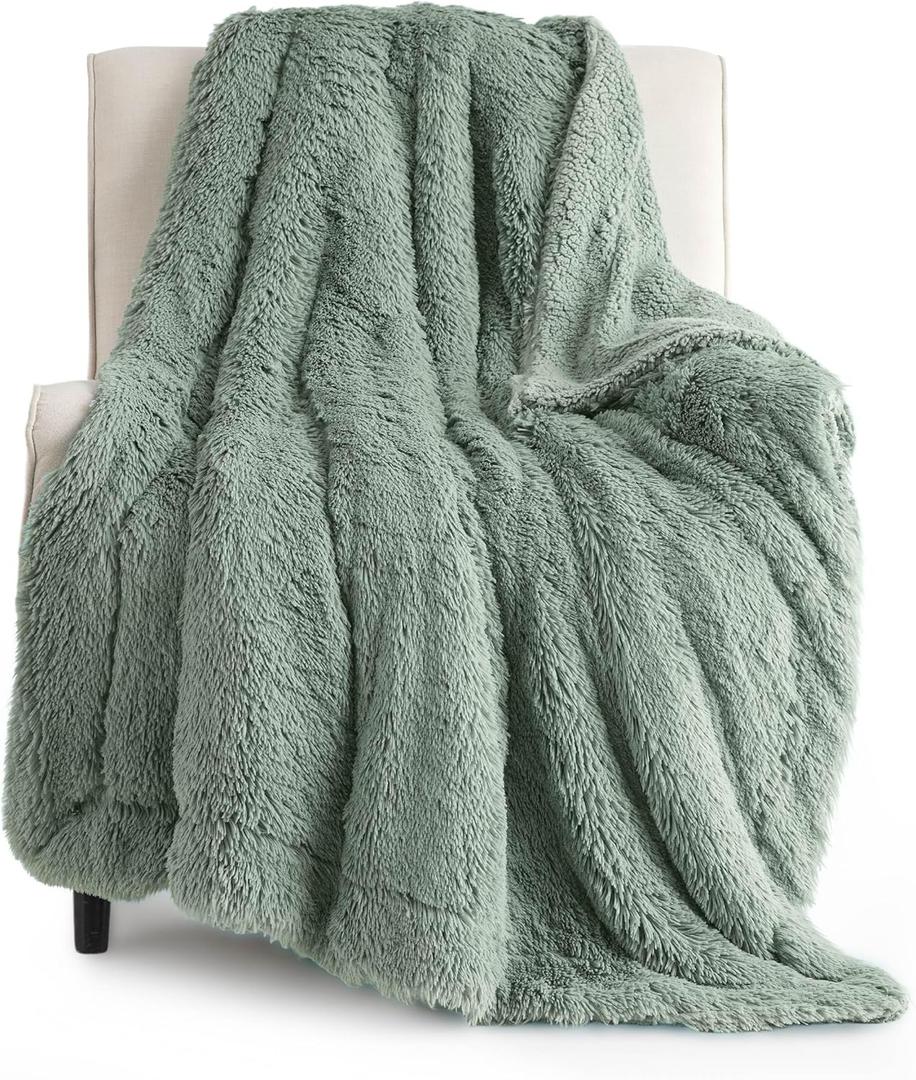 Bedsure Fuzzy Sherpa Faux Fur Twin Blanket Sage Green Cozy Gifts for Women Men, Soft Fleece Plush Warm Minky Thick Blanket Twin Size for Bed, Room Decor Dorm Essentials Sage Decor Gifts, 60x80