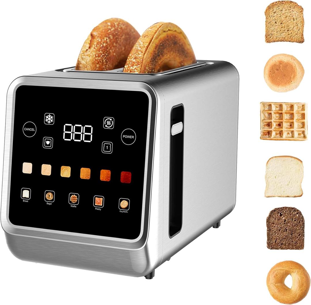 Touch Screen Toaster with LCD Display 2 Slice Stainless Steel Digital Timer Toasters 6 Bread Types& 6 Shade Settings Smart Extra Wide Slots Tostadora With Bagel Cancel,Defrost Functions