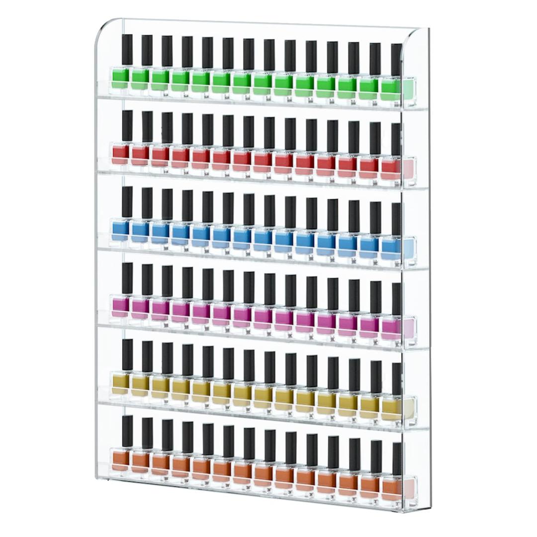 FEMELI 20 * 24 Inch Nail Polish Wall Racks 1 Pack, Hold Up to 120 Bottles,Clear Acrylic Nail Polish Shelf Organizer Wall Mounted 6 Rows (1)