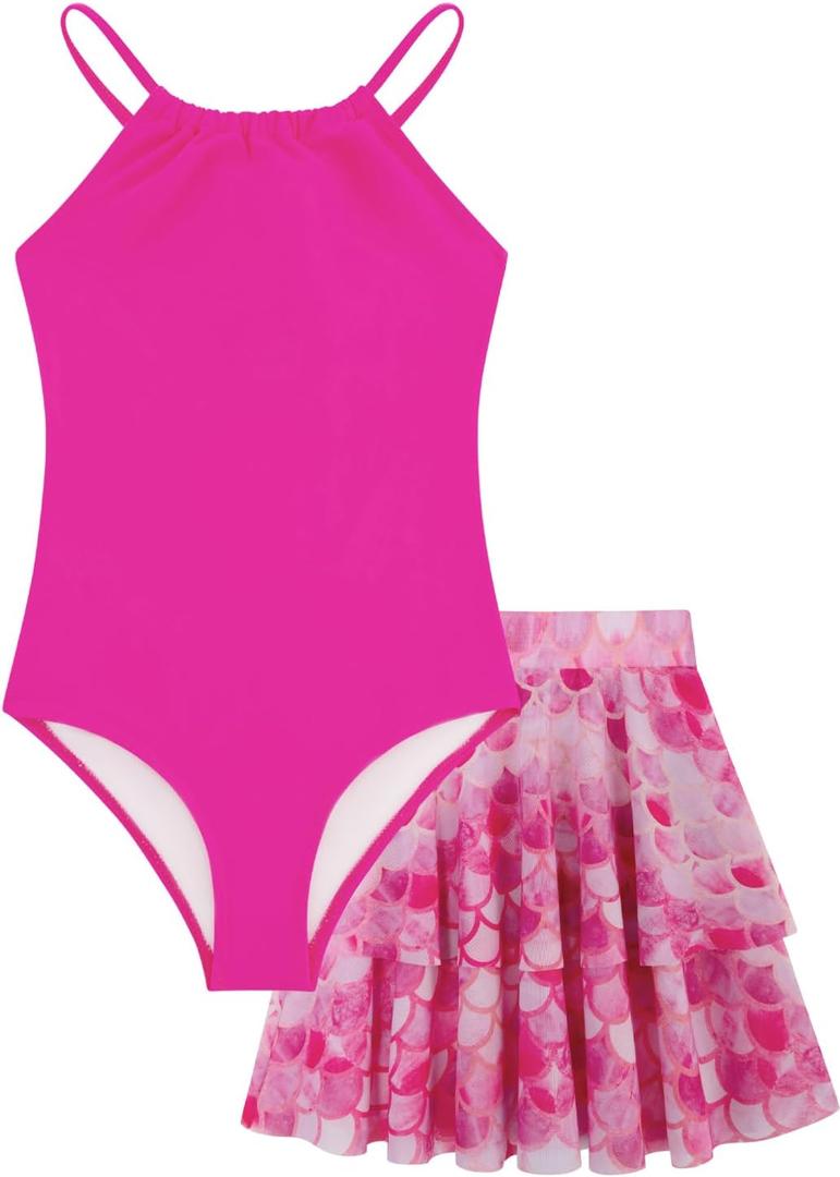 Girls One Piece Swimsuits with Mesh Skirt Tanikini Bathing Suit Swimwear (13-14 Years, Hot Pink)
