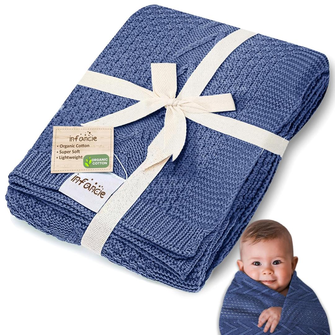infancie Organic Cotton Knit Baby Blanket 31.5 X 43.3 Inches Soft Knitted and Breathable Baby Blanket for Boys and Girls Perfect Soft Baby Blankets for Infants Toddlers All Seasons (Blue)