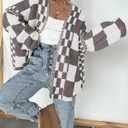 BTFBM Casual Cardigan Sweater for Women Fall 2026 Long Sleeve Open Front Chunky Knit Sweaters Checkered Outwear Coat (Gray, S)