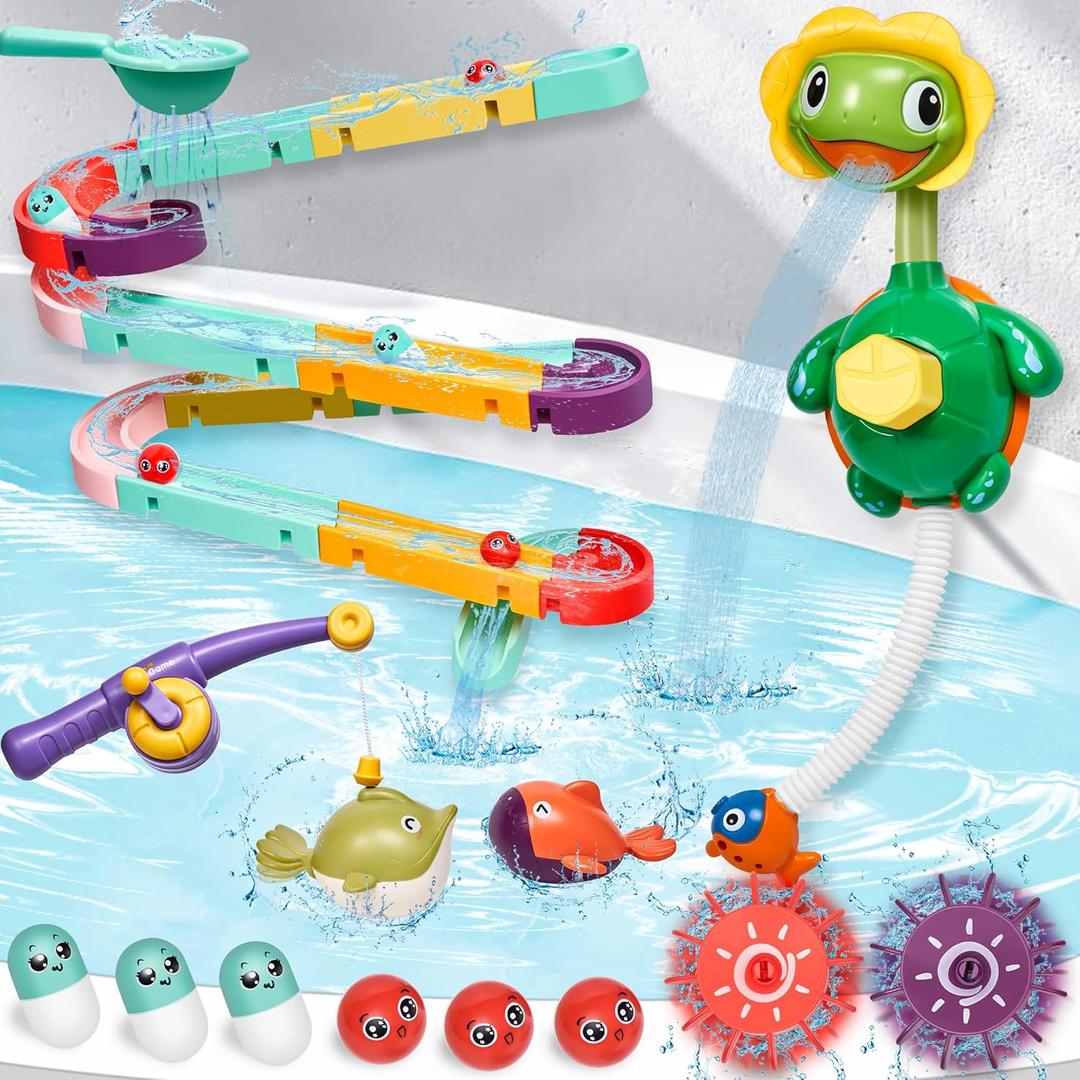 Bath Toys,Bathtub Toy with Shower,Fishing Game for Toddlers, Suction Cup Bath Toys, Bathtub Toys Ball Slide Track for Toddles and Babies, Christmas Birthday Gift for Boys Girls