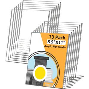 13 Pack Acrylic Sign Holder 8.5x11, L-Shape Clear Plastic Display Stands for Tabletop, Slanted Back Menu Flyer Paper Photo Picture Frame Display Stand for Restaurants Office Store Show Fair