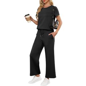 ANRABESS Women 2 Piece Lounge Sets Summer Travel Sweat Outfits Short Sleeve Wide Leg Casual Matching Tracksuits Clothes (Medium, Black)