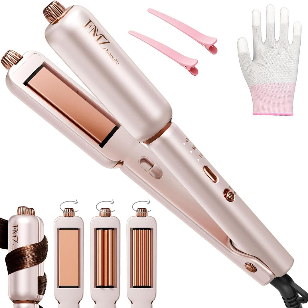 FMZ Pink Flat Iron Hair Straightener Curler Crimper for Women, 4 in 1 Professional Ionic Hair Styling Irons for Straightening, Crimping, Curling, Dual Voltage, Auto Shut-Off, Small Portable for Travel (Starry Pink Rose Gold)