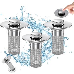 Bathroom Sink Drain Strainer, Pop Up Sink Drain Filter with Removable Stainless Steel Filter Basket Hair Catcher, Bathroom Sink Drain Stopper, for Us Bathroom Sink Stopper Replacement (3pcs)