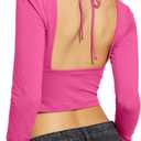 Selene Womens Y2K Long Sleeve Sexy Backless Crop Tops Square Neck Tie Back Slim Fit Going Out T Shirt Top (Pink, M)