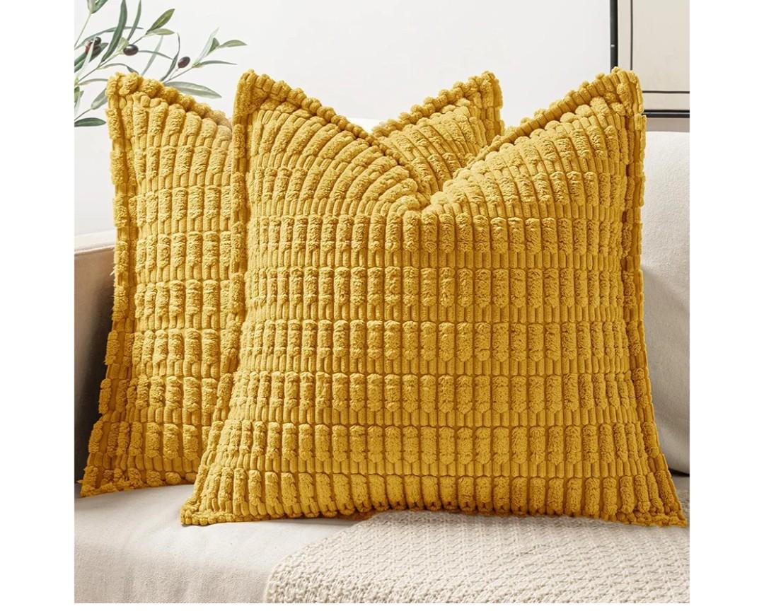 MIULEE Mustard Yellow Corduroy Decorative Throw Pillow Covers Pack of 2 Soft Striped Pillows Pillowcases with Broad Edge Spring Winter Modern Boho Home Decor for Couch Sofa Bed 18x18 Inch