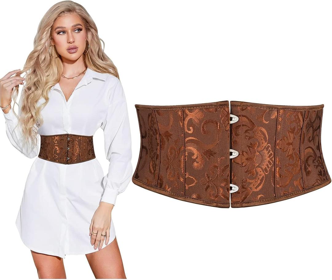 SUOSDEY Jacquard Corset Belt for Women Underbust Boned Lace Up Bustier Waspie Belt Renaissance Steampunk Pirate Corset (Fit Waist Size 33"-36", 07-coffee)