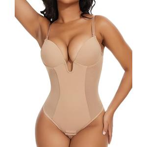 SHAPERIN Women's Backless Body Shaper Bra Faja U Plunge Low Back Thong Shapewear Tummy Control Deep V Bodysuit, M