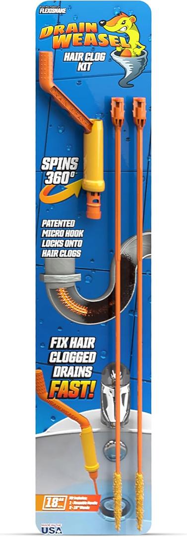 FlexiSnake Drain Weasel Sink Snake Hair Clog Remover Tool Kit, Pipe, Bathroom, Bathtub Drain Cleaner, 18", 2 Pack Wand Refills and Removable Handle