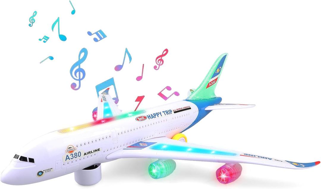 Bump and Go Airplane Toy  Realistic Airplane Model with 4D Lights & Sound  Moving Plane Toy for Kids Ages 3-12  Automatic Direction Change on Collision  Great Gift for Kids(Blue)