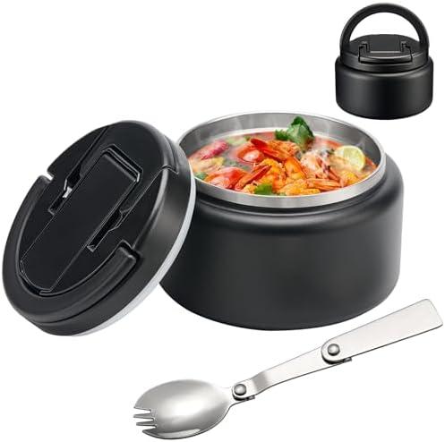 BABHAMNESS 13.5oz Soup Thermo for Hot Food Kids Insulated Vacuum Food Jar with Buckle Lid,Wide Mouth Leakproof Stainless Steel Lunch Container with Spoon-Black