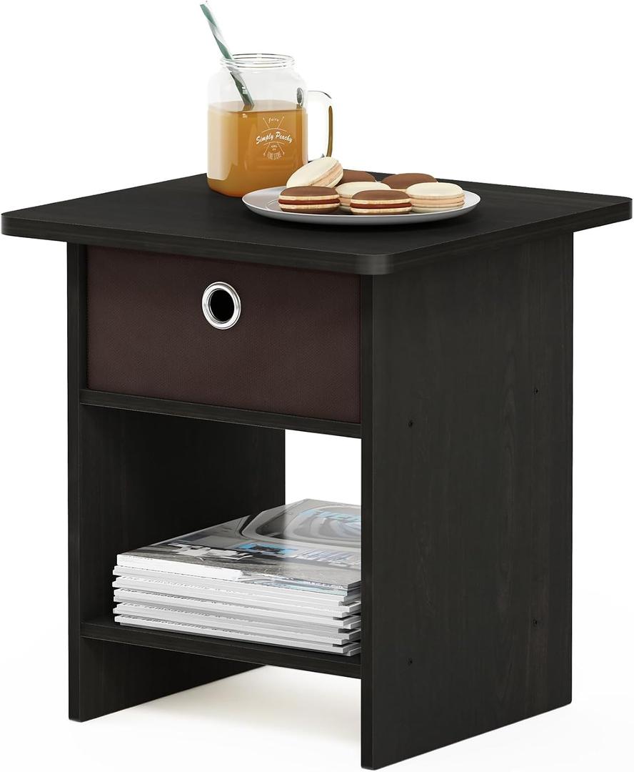Furinno DARIO Side Table, Square End Table with Storage Bin, Round Corner Night Stand, Bedside Table with Open Back Shelf, for Living Room, Bedroom, Espresso