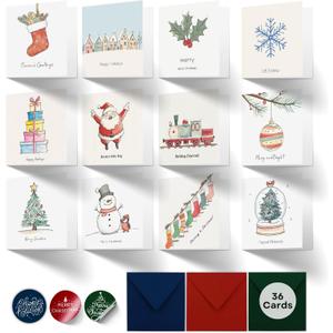 Paper Play Merry Christmas Cards with Envelopes 36 Pack (12 Simple yet Funny Designs) - 3x3 Inches Bulk Pack with Envelopes & Matching Stickers - Set of 36 Mini Christmas Cards (Pastel Sketches)