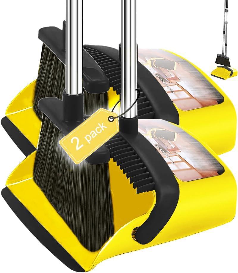2-Pack is More economical,Brooms with Dustpan Combo Set with 52" Long Handle, Dustpan Teeth with self-Cleaning Function, Indoor and Outdoor Sweeping, Perfect for Home Office(Large/Yellow /2-Pack).