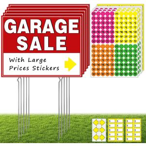 Garage Sale Kit (10 Pcs), 5 Pack Garage Sale Signs with Metal Stakes, 5 Pack Yard Sales Price Stickers, Directional Arrows Sign, Yard Sales Supplies, Double Sided, Weatherproof, Large Price Tags