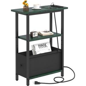 Narrow Side Table with Charging Station, Skinny End Table for Small Spaces, Thin Sofa Side Table with 1 Fabric Drawer, Slim Nightstand for Living Room, Bedroom, Green and Black