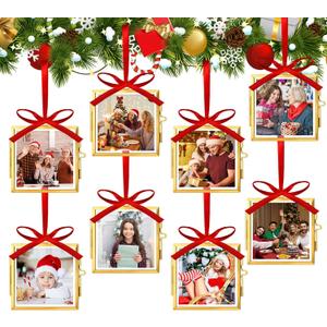 Qunclay 8 Set Christmas Vintage Brass Glass Photo Ornaments with Locket Closure Antique Gold Ornament Frames 2.68"x 2.68" Square Glass Hanging Picture Frame for Christmas Home Party Decor