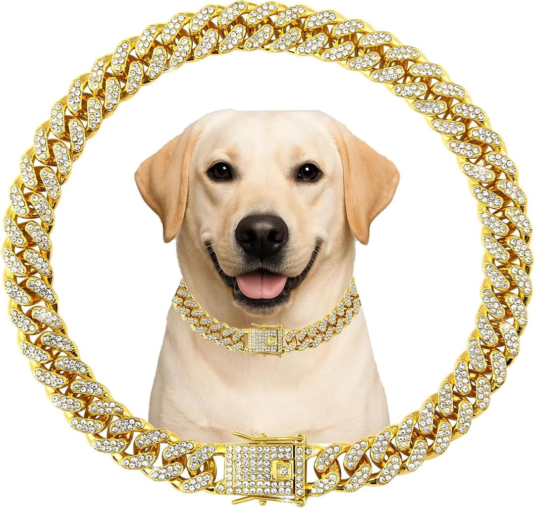 Cuban Link Dog Chain Collar Gold Crystal Dog Necklace Metal with Design Secure Buckle Pet Collar Jewelry Accessories for Small Medium Large Dogs Cats(Glod 24inch)