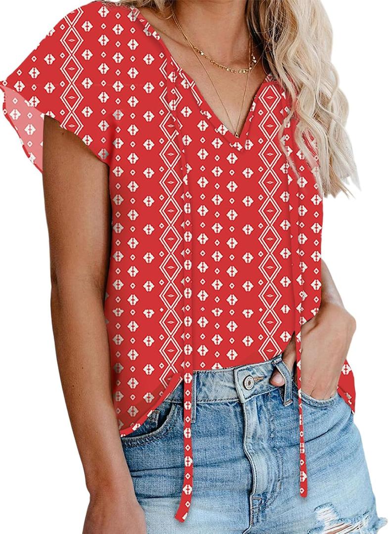 Dokotoo Women's Casual Boho Floral Printed V Neck Tops Drawstring Short Long Sleeve T Shirt Blouses, L (L)