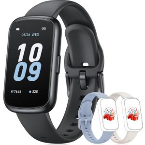 Fitness Tracker with 24/7 Heart Rate Monitor, Sleep Tracker - 3 ATM Waterproof Fitness Watch Calorie Step Counter Smart Watch Includes 3 Sport Bands for Android iOS Women Men, Black