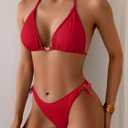 Eomenie Womens Ribbed Bikini Set Sexy Halter Triangle Top Swimsuit Tie Side Two Piece Bathing Suit Moderate Coverage (Red, XL)
