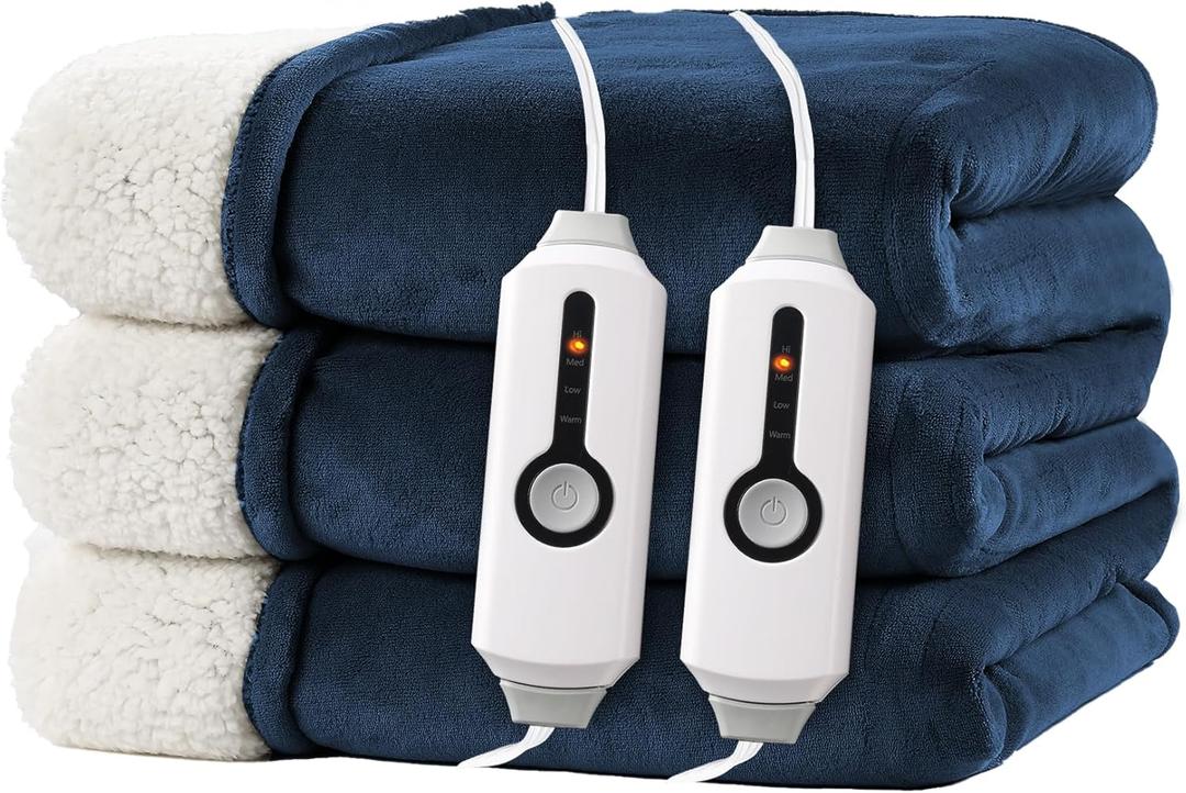 RALYSUN Electric Heated Blanket Queen Size 84"x90" - Dual-Sided with Microplush & Sherpa Fabric, 4 Heat Settings & 10 Hours Auto Off, Dual Controller, Machine Washable - Dark Blue