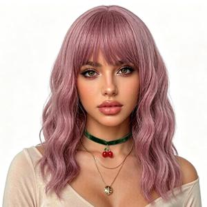 eNilecor Purple Wig Short Colorful Curly Curly Wavy Bob Wigs with Air Bangs 14" Natural Synthetic Wigs for Women (Taro Purple)