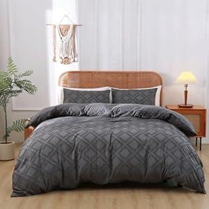 CozyLuna Grey Duvet Cover Set King Size, 3 Pcs Soft Washed Microfiber Textured Bedding Set with Corner Ties & Zipper Closure, Embroidery Shabby Chic Boho Comforter Cover Set for All Season
