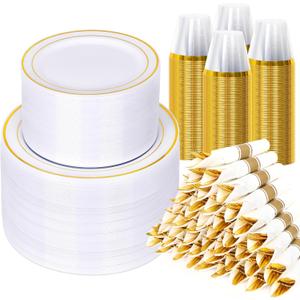Sylans 700PCS Gold Dinnerware Set Disposable for 100 Guests