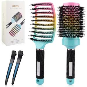 OZKVS Brush for Blow Drying & Blow Out,4 Piece Boar Bristle Brush Set for Fine & Thick Hair, Detangling for Curl Defining & Wet Hair