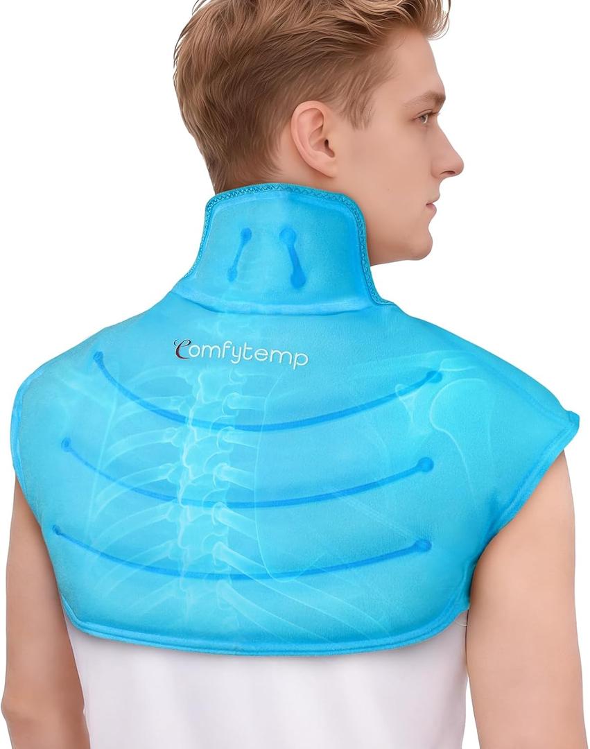 Comfytemp Large Ice Pack for Neck Shoulders Upper Back Pain Relief with Straps, Reusable Gel Ice Wrap Hot Cold Compress Therapy Recovery for Upper Back, Rotator Cuff (Medium, Light Blue)