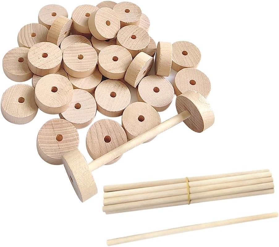 30 Pcs Unfinished Wooden Wheels Small Craft Wheels Flat Model Car Wheels Wood Crafting Supplies with 15 Pcs Wooden Sticks