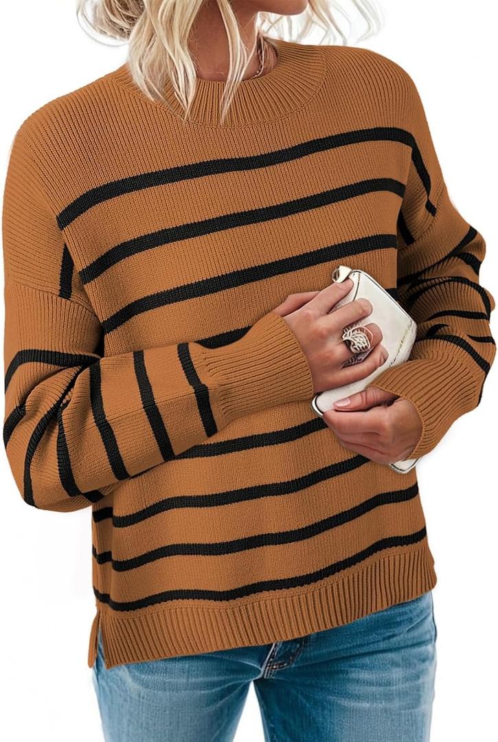 Dokotoo Oversized Womens Sweater 2025 Fall Winter Striped Sweaters Casual Trendy Sweater (Brown, L)