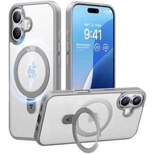 TORRAS Magnetic for iPhone 16 Case with Stand, Built-in Stand Compatible with MagSafe, 3X Military-Grade Protection, Translucent Slim Phone Case for iPhone 16 6.1'', Matte Gray