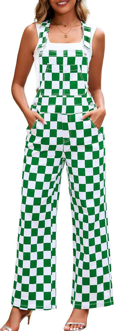Overalls for Women Loose Fit Jumpsuits Fashion Checkered Straight Leg Pants Stretch Bib Coveralls (Green, M)