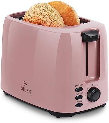iSiLER 2 Slice Toaster, 1.3 Inches Wide Slot Bagel Toaster with 7 Shade Settings and Double Side Baking, Removable Crumb Tray, Defrost Cancel Function Pink