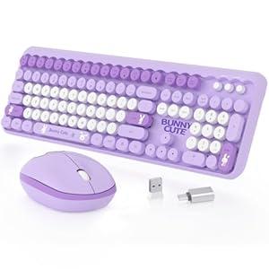 Wireless Keyboard and Mouse Combo, Mofii 106 Round Keys with OTG Adapter Full Size Cute Colorful Bunny Cute Design Wireless Typewriter for MacBook Windows Laptop Tablet Purple