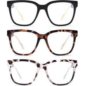 JM 3 Pack Classic Square Reading Glasses for Women Men, Retro Trendy Oversized Square Blue Light Blocking Readers (3 Pack Mixed), +1.50