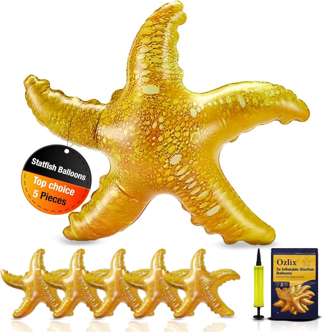 Inflatable Starfish Balloons 5-Pack 24+inch Large Durable PVC - Reusable Star fish for Birthday, Baby Shower, Pool, Beach Party, Photo Props, Under the Sea Party Decorations & Ocean-Themed Gifts