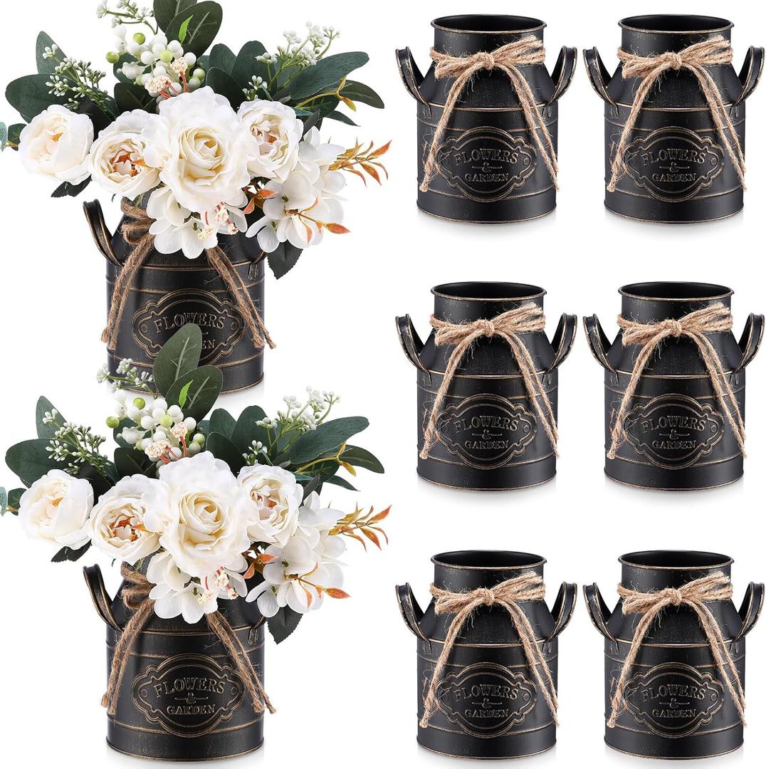 Roshtia 8 Pcs 6 Inch Vintage Galvanized Milk Can Vase Spring Farmhouse Metal Vases Milk Jug Vase Decor with Handle Rustic Flowers Buckets for Weddings Table Centerpiece (Black)